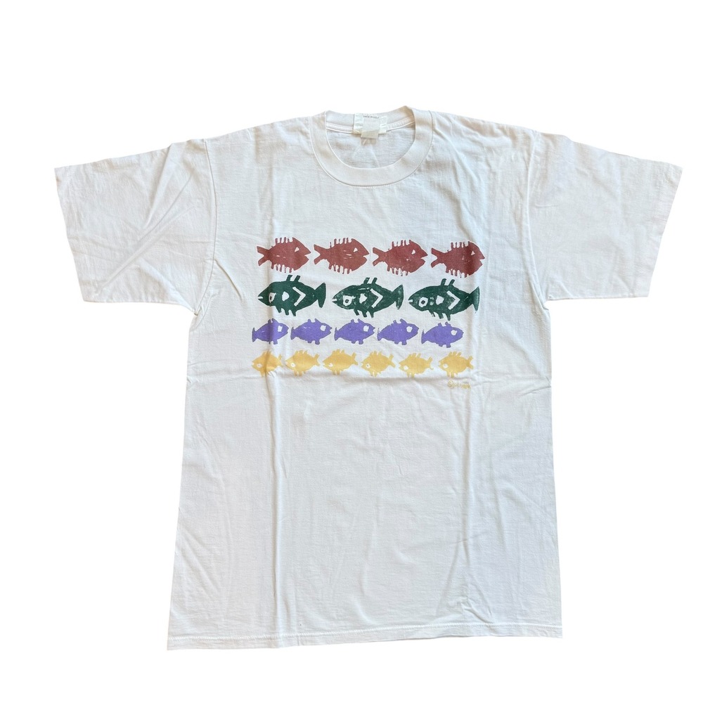 Vintage 1989 Juli Original Designs Fish Graphic T-Shirt White XL Made in USA